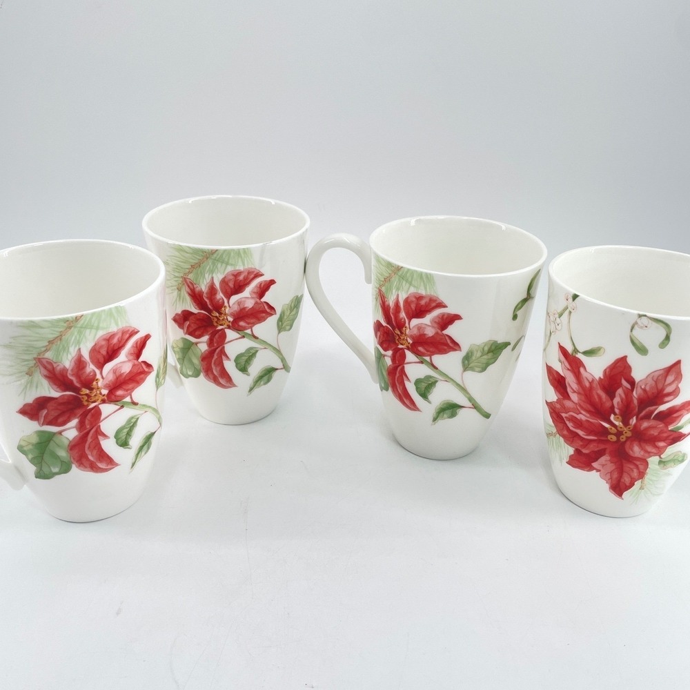 Lenox Winter Garden Poinsettia Mistletoe Coffee Mugs Set of 4 Christmas USA